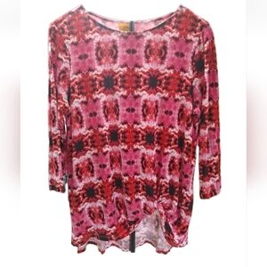 Ruby Road 3/4 Sleeve Asymetric Hem Top , Colorful Red Pink Pattern Sz Med